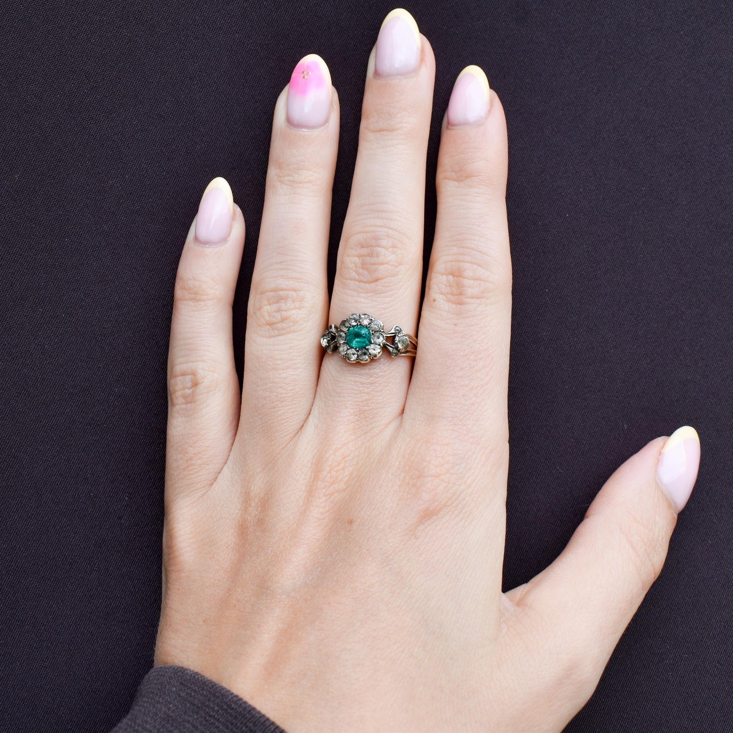 Antique Georgian Green Paste Cluster 9ct Gold and Silver Ring