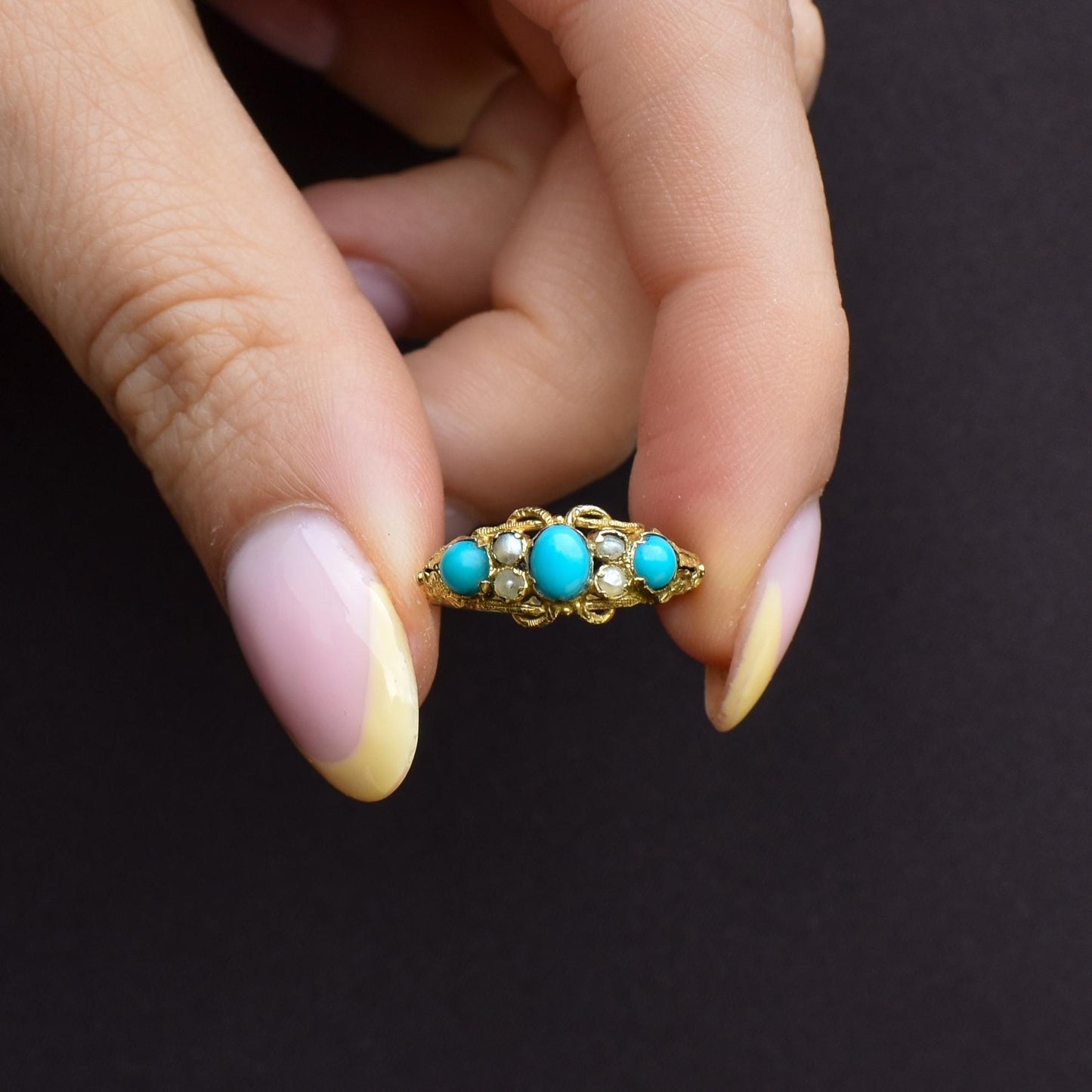 Antique '1865' Turquoise and Pearl Three Stone 15ct Gold Ring