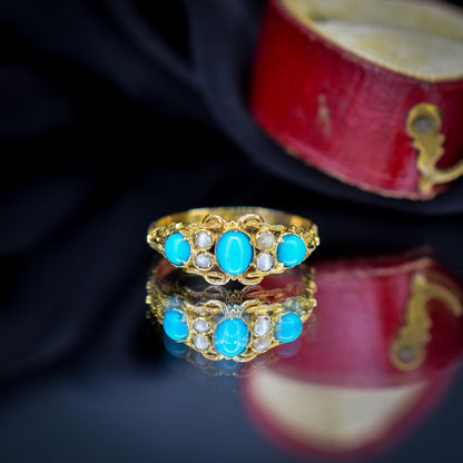 Antique '1865' Turquoise and Pearl Three Stone 15ct Gold Ring