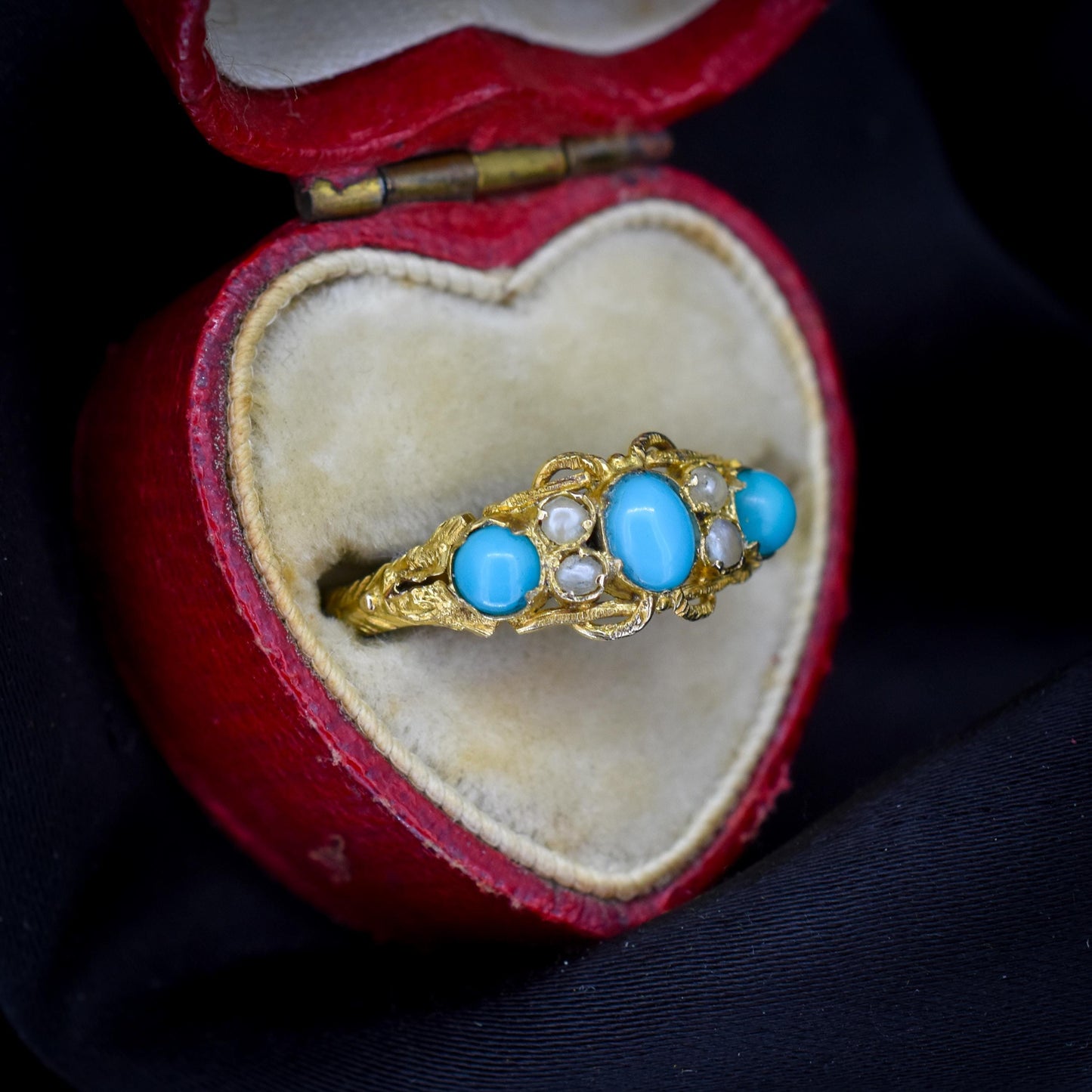 Antique '1865' Turquoise and Pearl Three Stone 15ct Gold Ring
