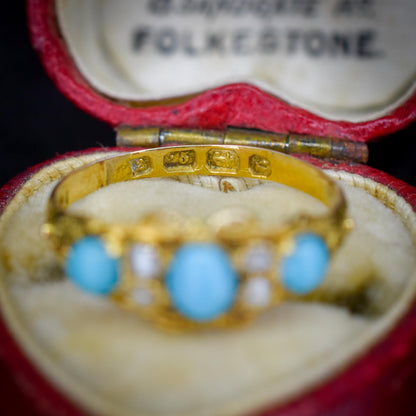 Antique '1865' Turquoise and Pearl Three Stone 15ct Gold Ring