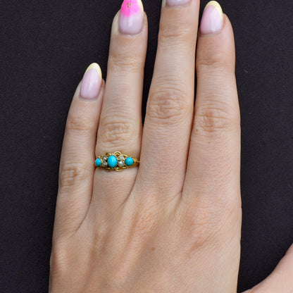 Antique '1865' Turquoise and Pearl Three Stone 15ct Gold Ring