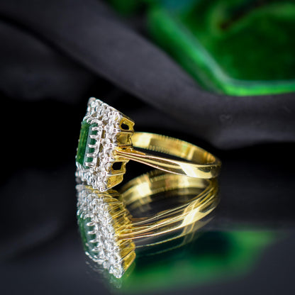Vintage Natural Emerald and Diamond Halo 18ct Gold Ring