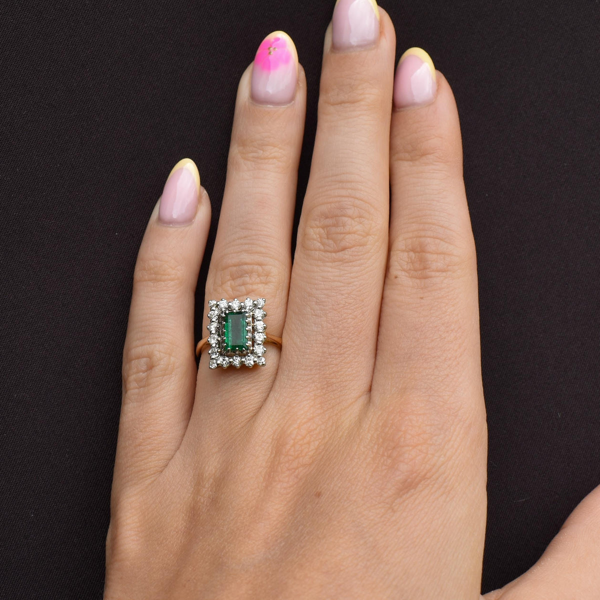 Vintage Natural Emerald and Diamond Halo 18ct Gold Ring