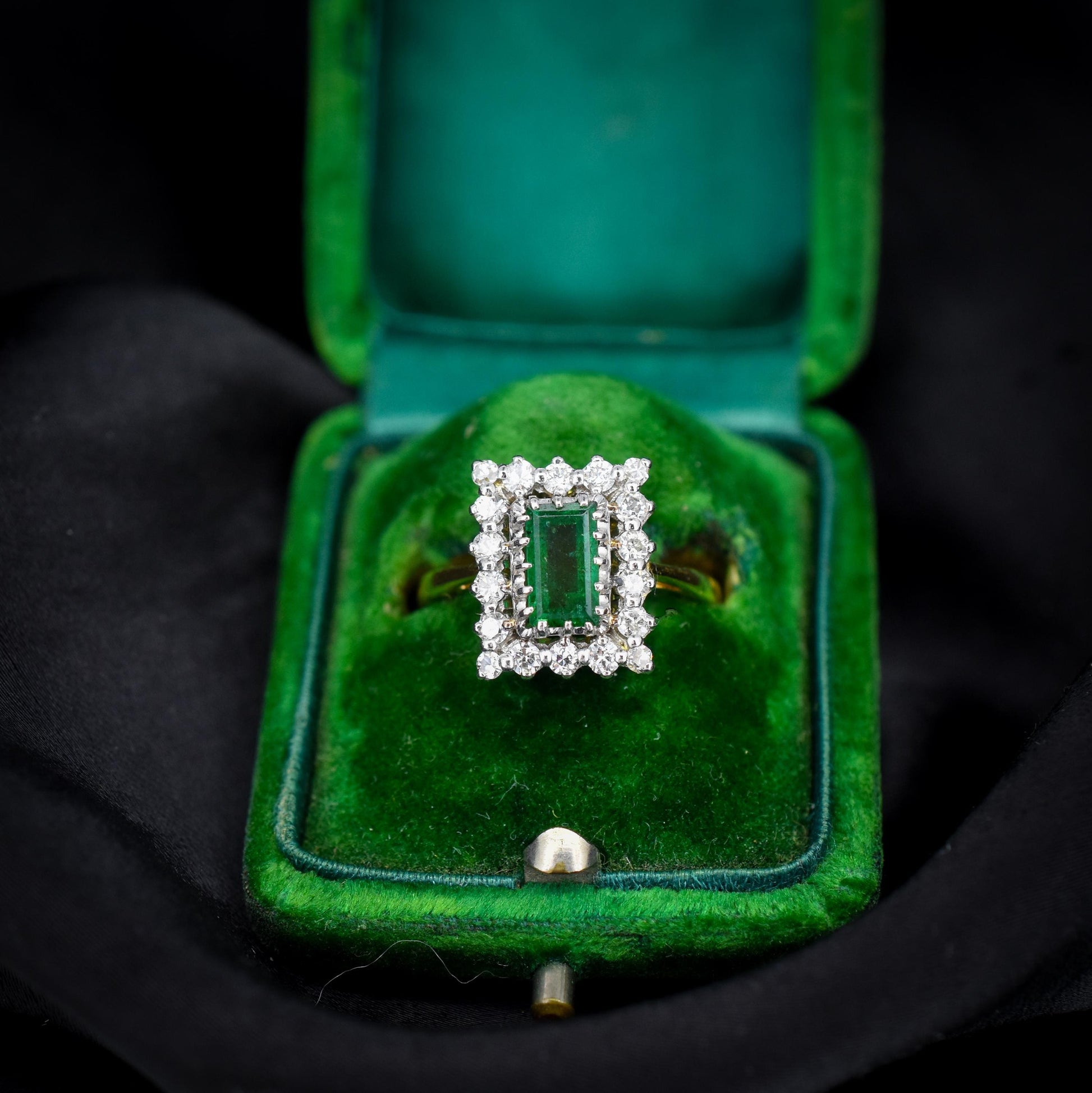 Vintage Natural Emerald and Diamond Halo 18ct Gold Ring