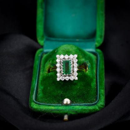 Vintage Natural Emerald and Diamond Halo 18ct Gold Ring