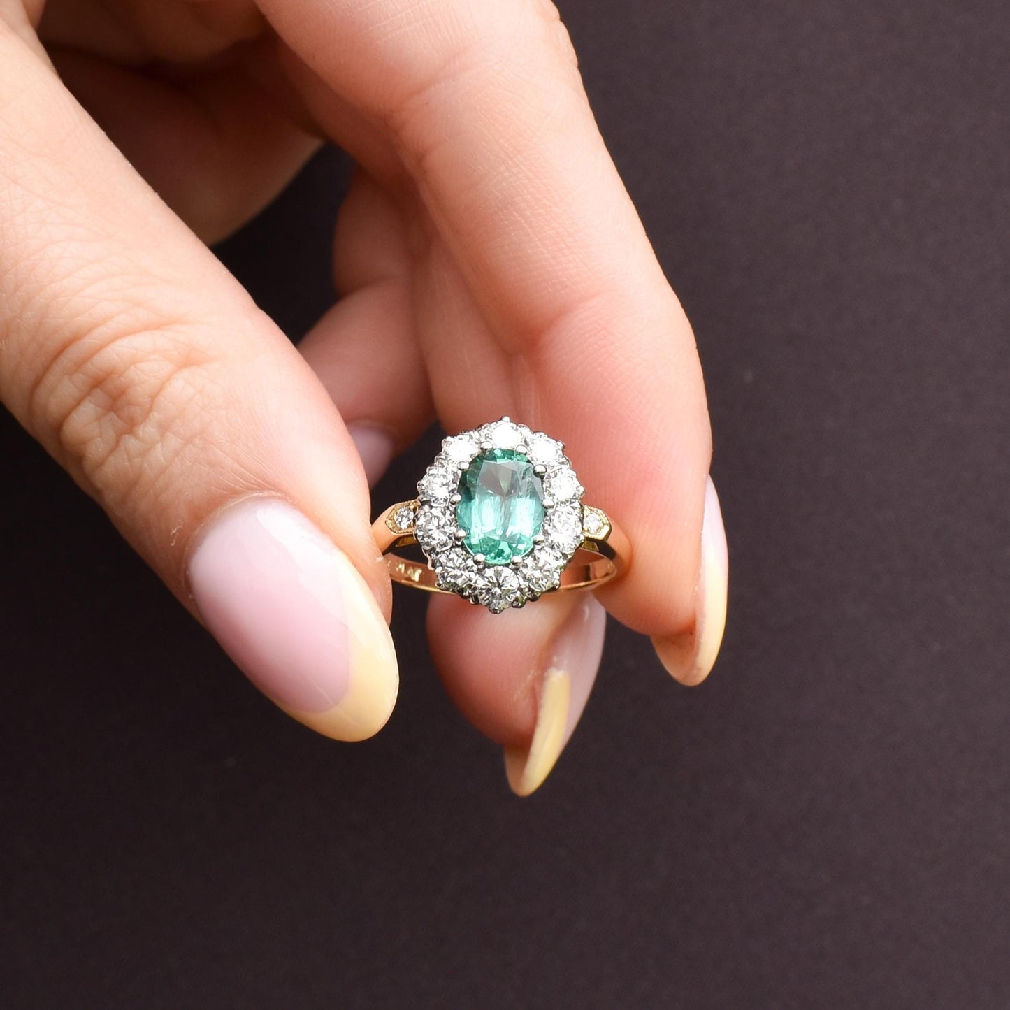 Natural Emerald and Diamond Oval Cluster Halo 18ct Yellow Gold Ring
