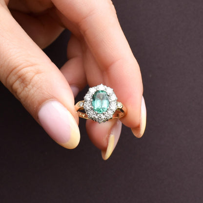Natural Emerald and Diamond Oval Cluster Halo 18ct Yellow Gold Ring