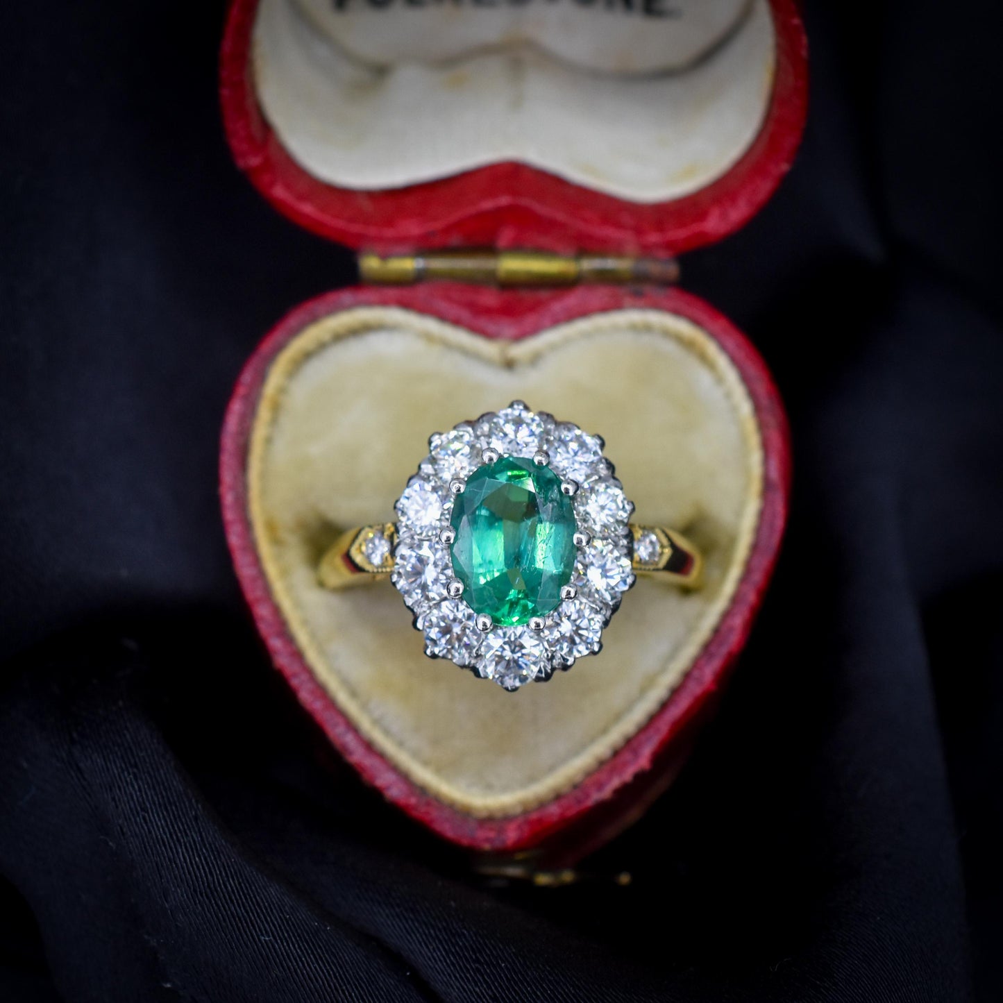 Natural Emerald and Diamond Oval Cluster Halo 18ct Yellow Gold Ring