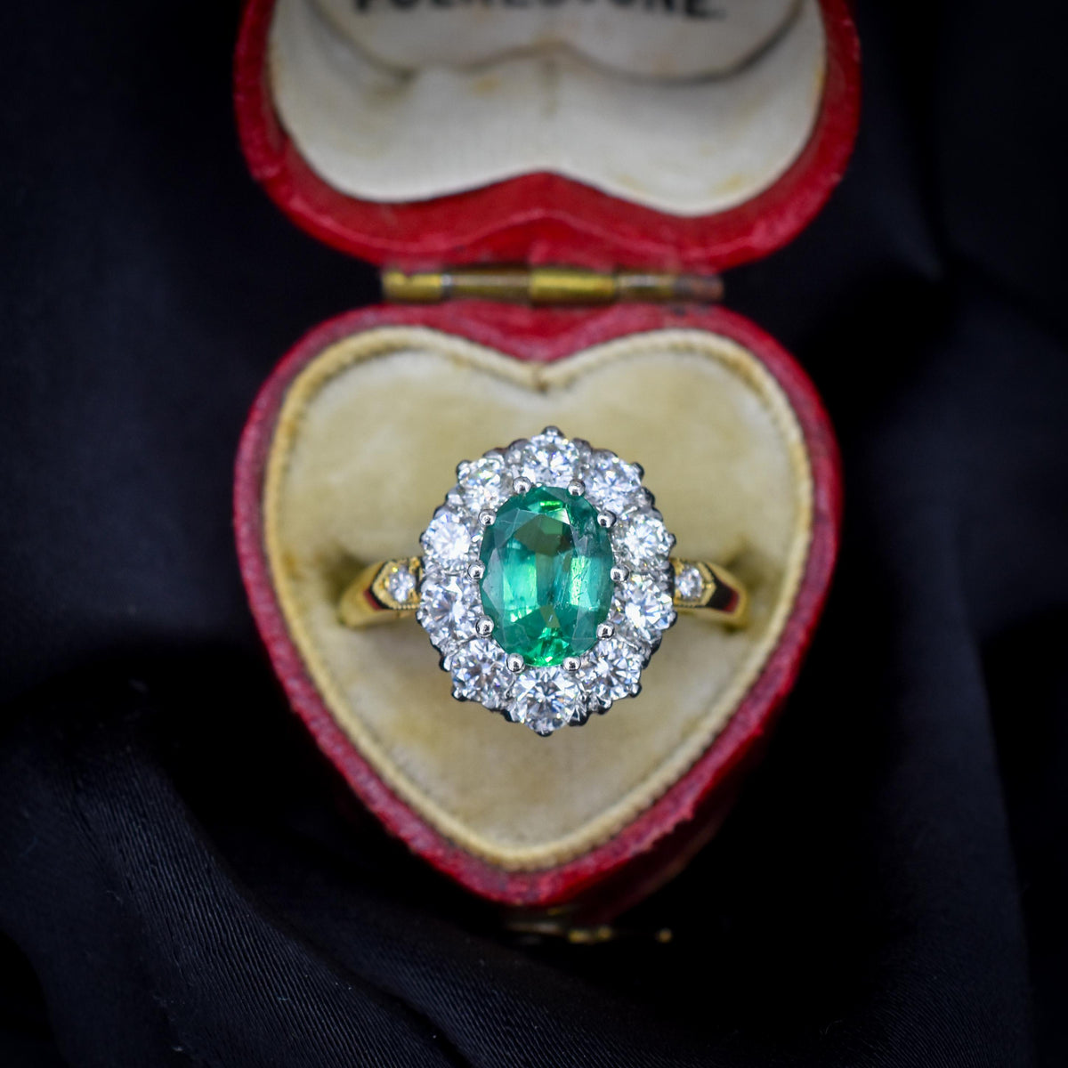 Natural Emerald and Diamond Oval Cluster Halo 18ct Yellow Gold Ring