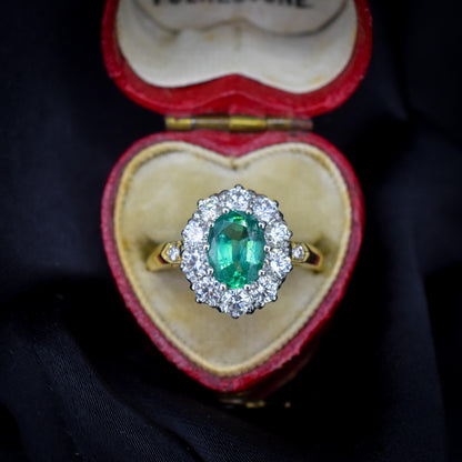 Natural Emerald and Diamond Oval Cluster Halo 18ct Yellow Gold Ring