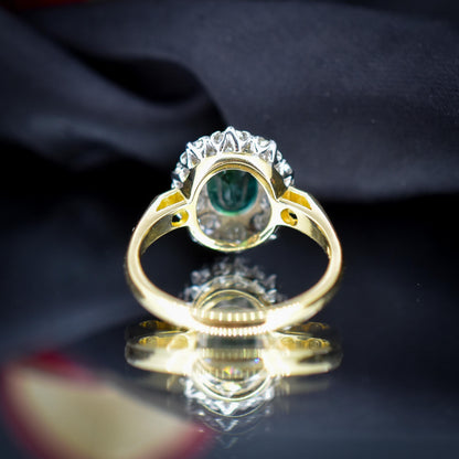 Natural Emerald and Diamond Oval Cluster Halo 18ct Yellow Gold Ring