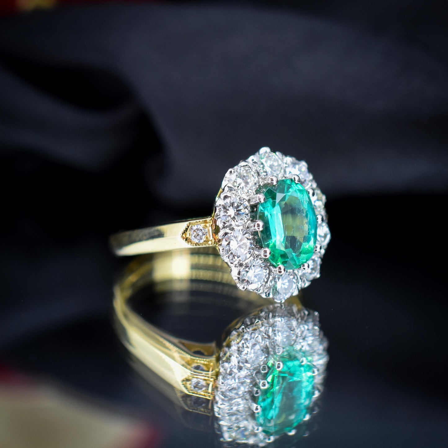 Natural Emerald and Diamond Oval Cluster Halo 18ct Yellow Gold Ring