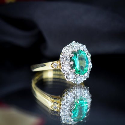Natural Emerald and Diamond Oval Cluster Halo 18ct Yellow Gold Ring