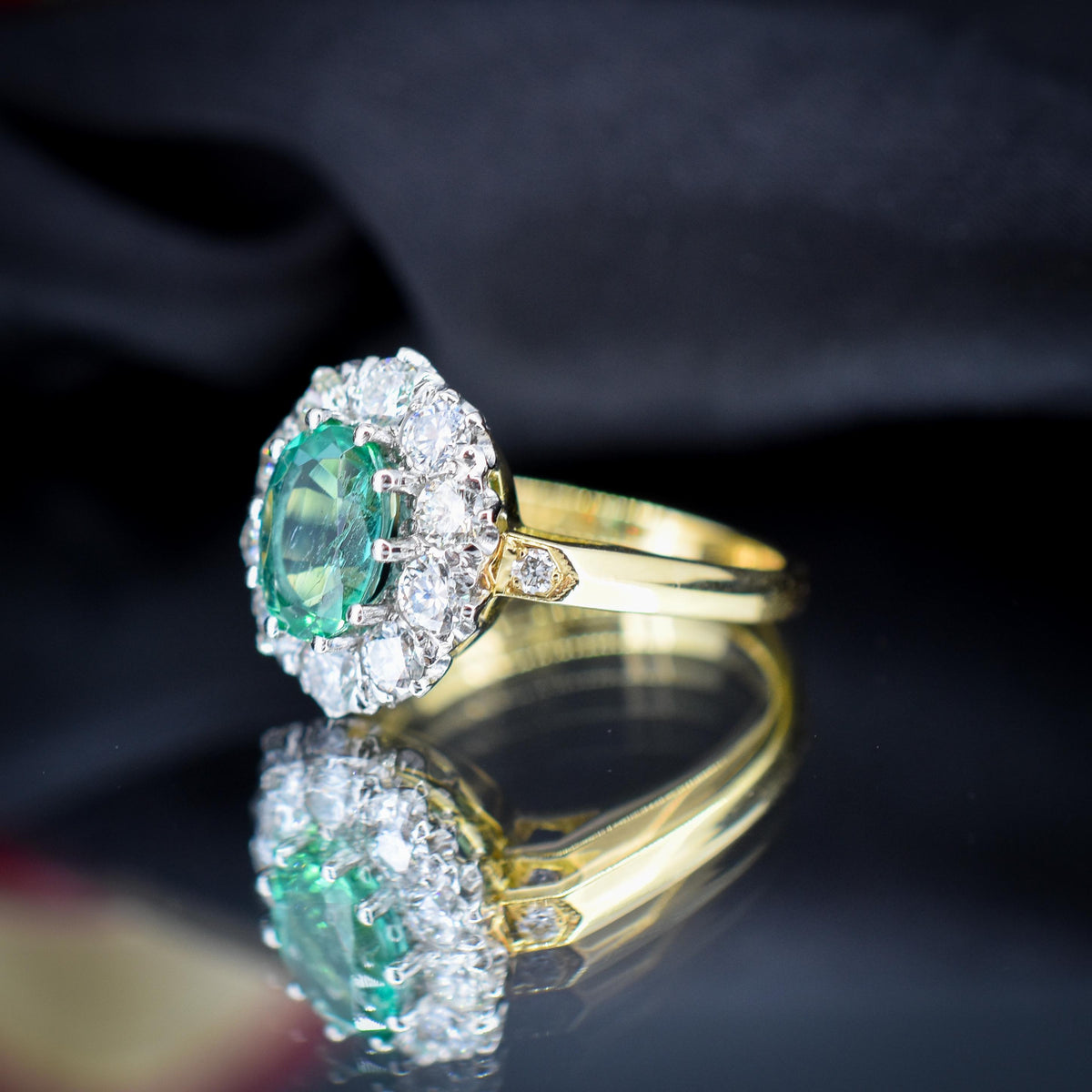 Natural Emerald and Diamond Oval Cluster Halo 18ct Yellow Gold Ring