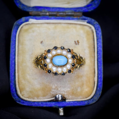 Antique '1824' Georgian Turquoise and Pearl 18ct Gold Mourning Ring