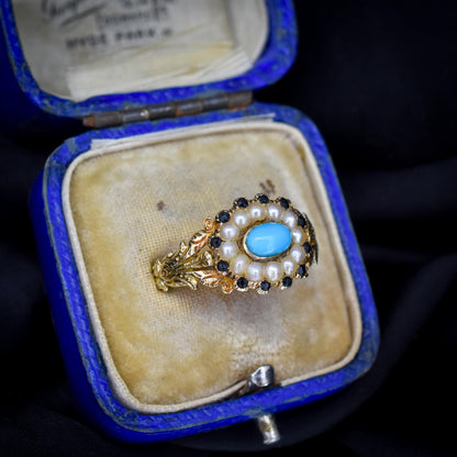 Antique '1824' Georgian Turquoise and Pearl 18ct Gold Mourning Ring