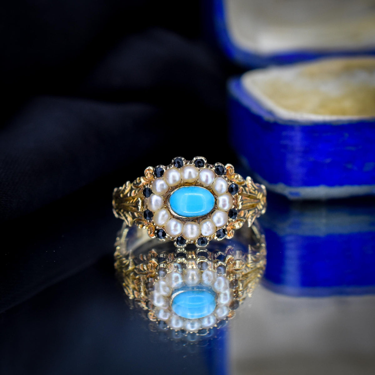 Antique '1824' Georgian Turquoise and Pearl 18ct Gold Mourning Ring