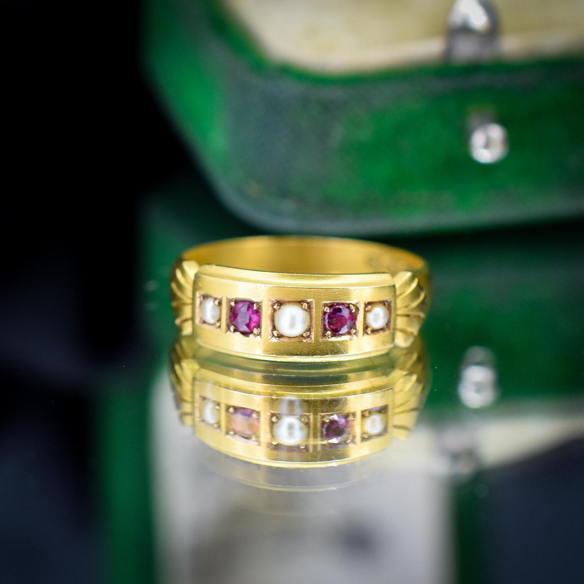 Antique Edwardian Ruby and Pearl 15ct Gold Band Ring - Dated 1903
