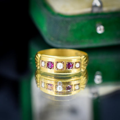 Antique Edwardian Ruby and Pearl 15ct Gold Band Ring - Dated 1903