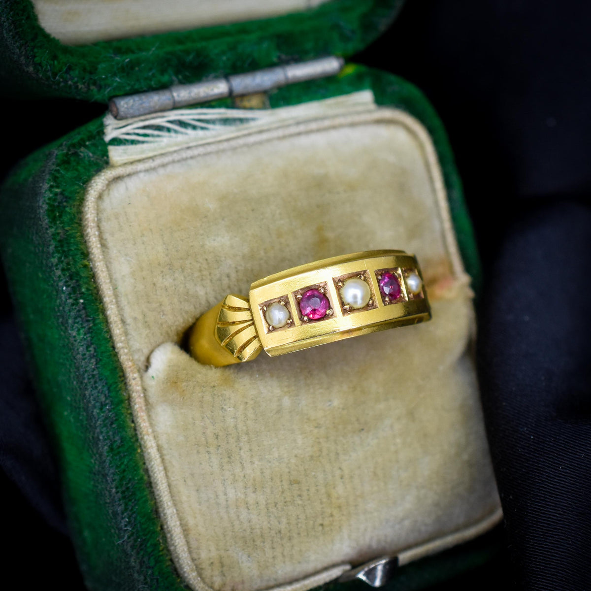 Antique Edwardian Ruby and Pearl 15ct Gold Band Ring - Dated 1903