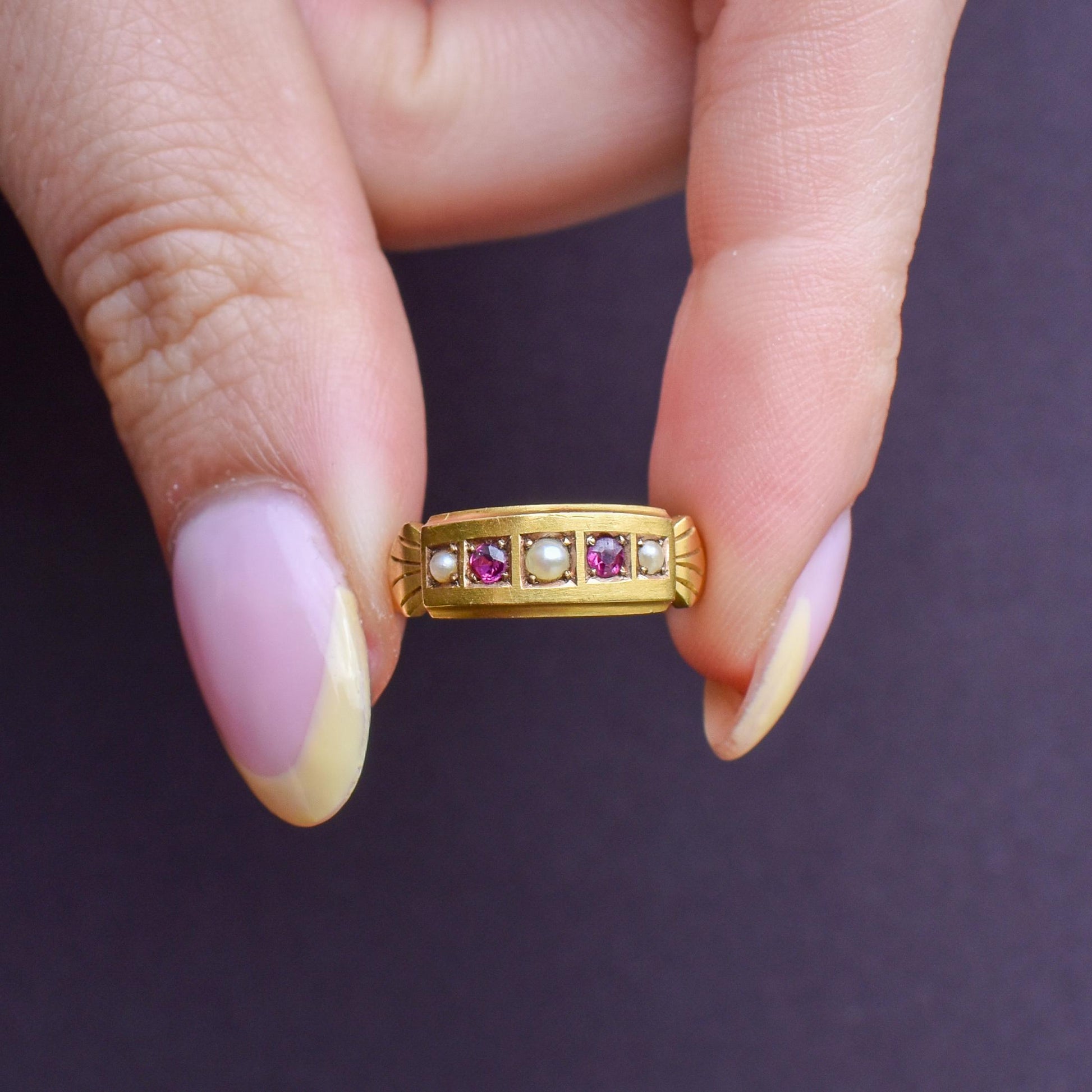 Antique Edwardian Ruby and Pearl 15ct Gold Band Ring - Dated 1903