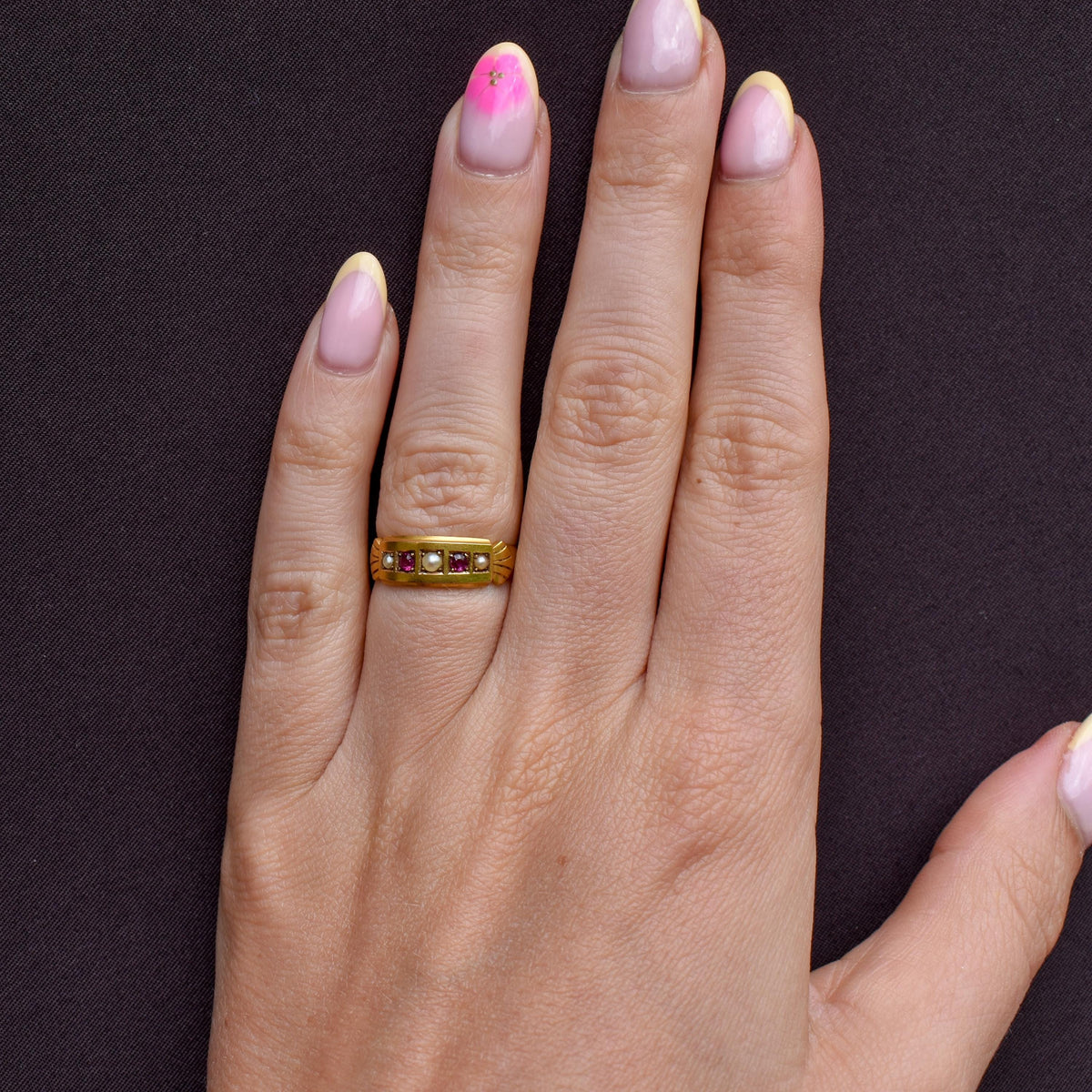 Antique Edwardian Ruby and Pearl 15ct Gold Band Ring - Dated 1903