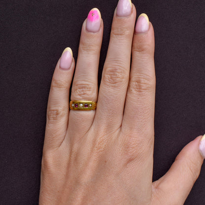 Antique Edwardian Ruby and Pearl 15ct Gold Band Ring - Dated 1903