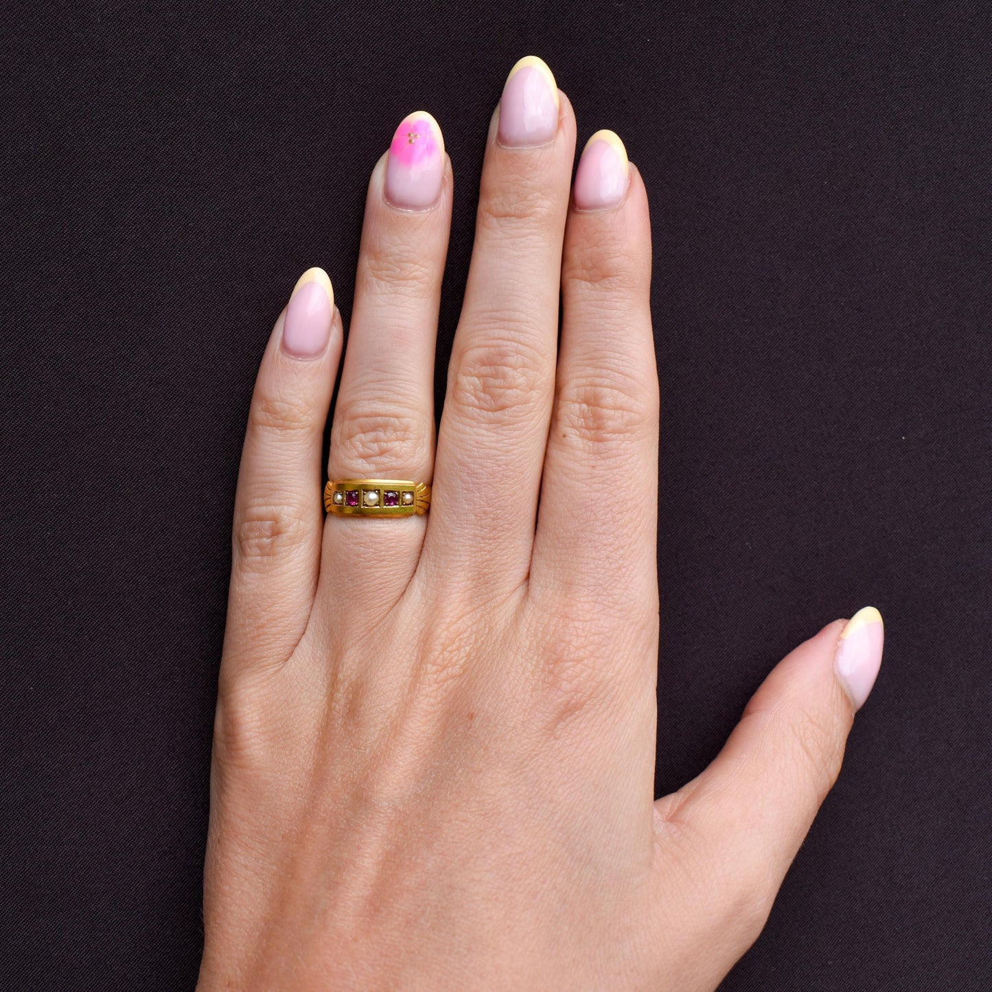 Antique Edwardian Ruby and Pearl 15ct Gold Band Ring - Dated 1903