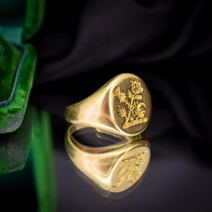 Vintage Heavy Scottish Thistle 18ct Yellow Gold Seal Signet Ring | 13.5g