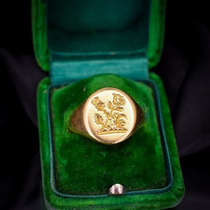 Vintage Heavy Scottish Thistle 18ct Yellow Gold Seal Signet Ring | 13.5g