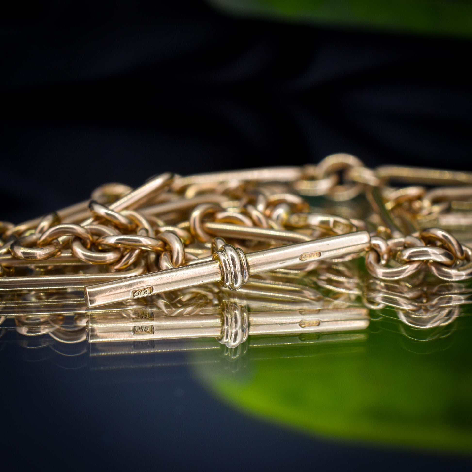 Art Deco '1929' 9ct Gold Trombone Paperlink Link Albert Watch Chain Necklace | 14.75"