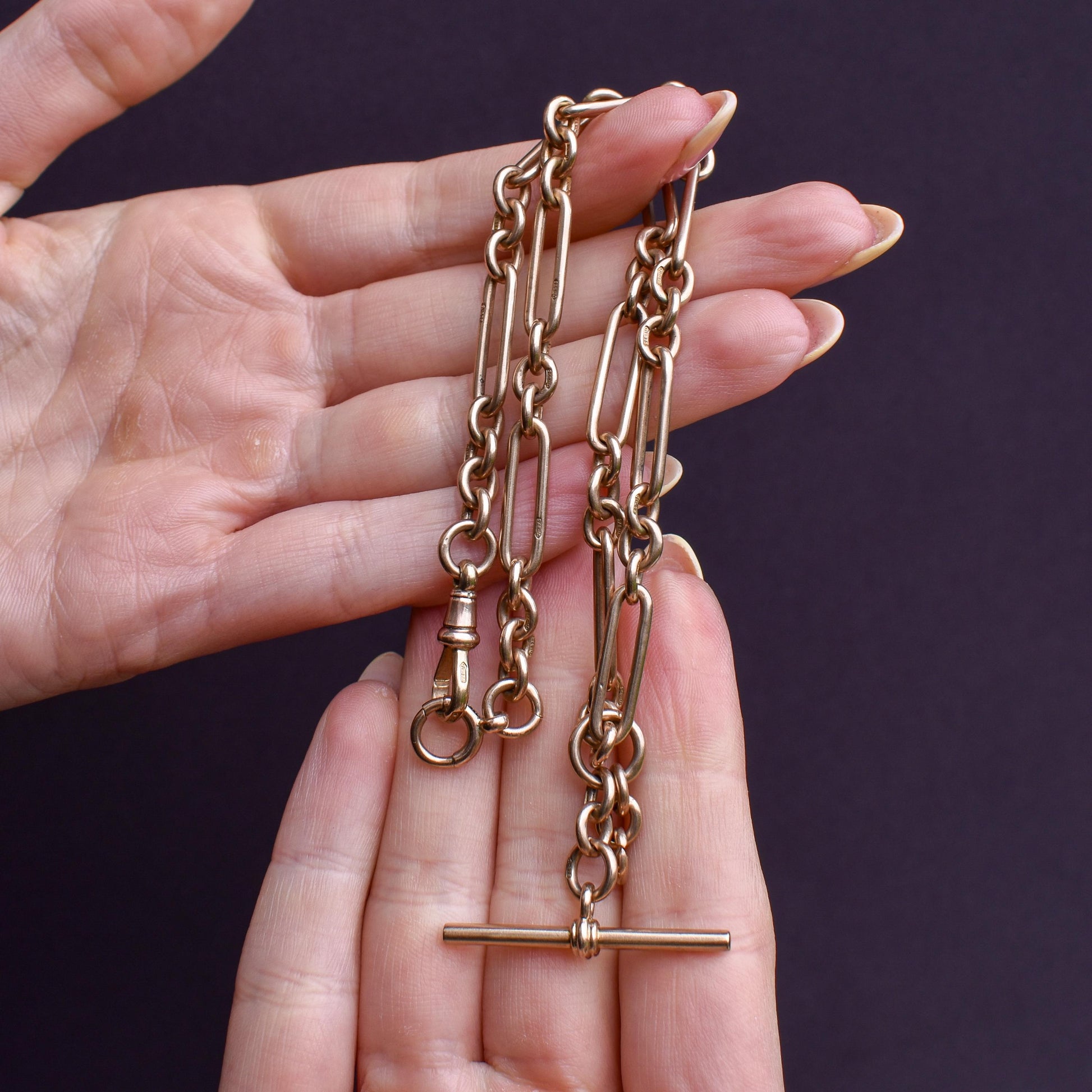 Art Deco '1929' 9ct Gold Trombone Paperlink Link Albert Watch Chain Necklace | 14.75"