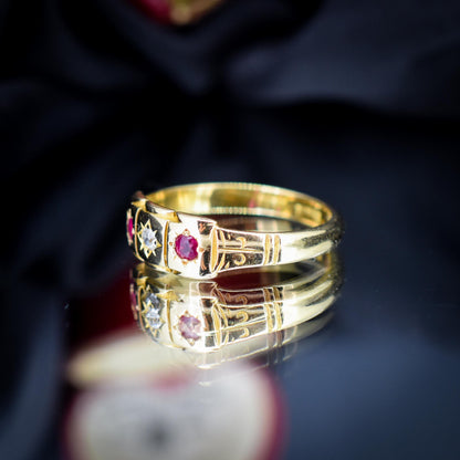 Antique Ruby and Diamond 18ct Yellow Gold Three Stone Starburst Gypsy Ring