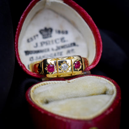 Antique Ruby and Diamond 18ct Yellow Gold Three Stone Starburst Gypsy Ring