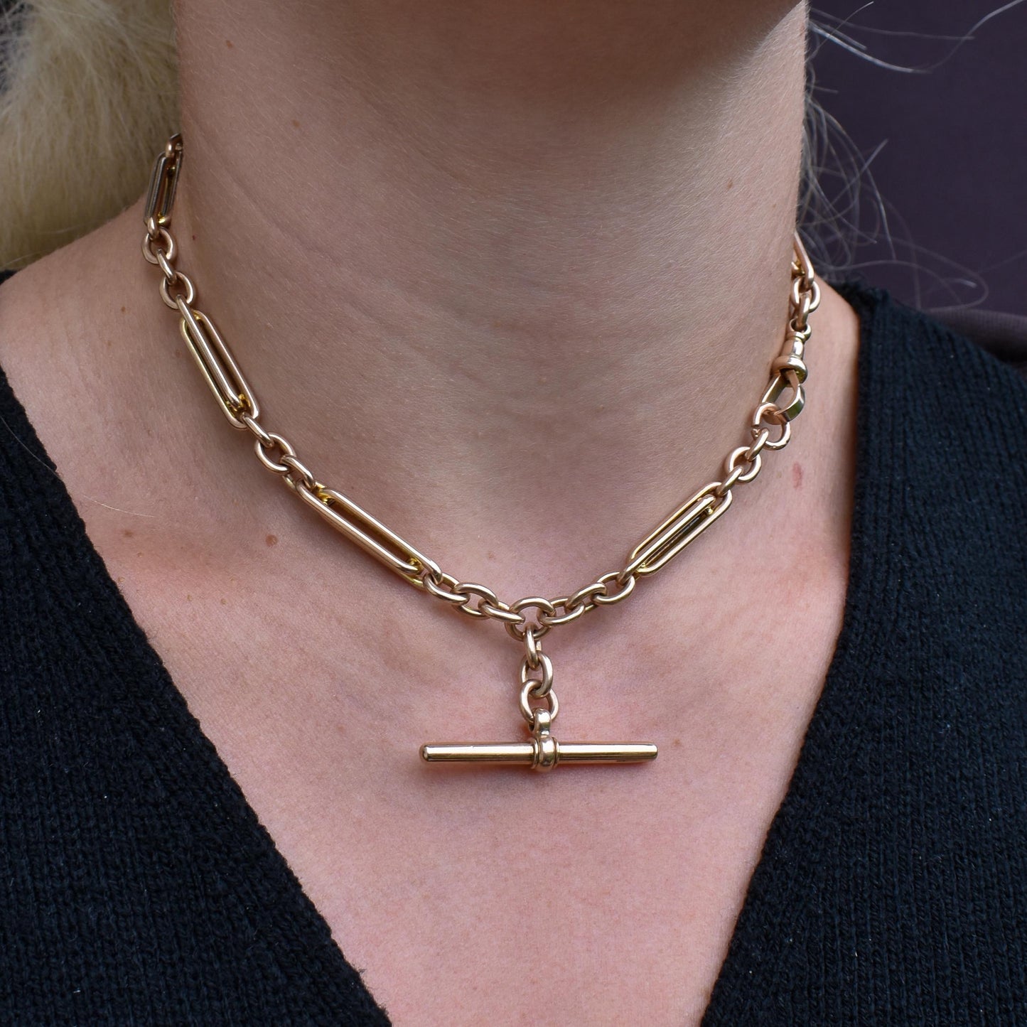 Vintage 10ct Yellow Gold Trombone and Oval Link Albert Chain Necklace | 14.75"