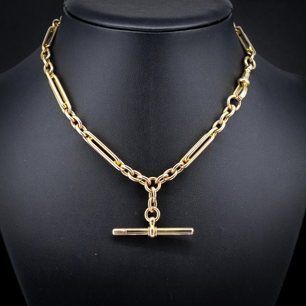 Vintage 10ct Yellow Gold Trombone and Oval Link Albert Chain Necklace | 14.75"