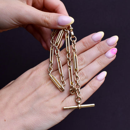 Vintage 10ct Yellow Gold Trombone and Oval Link Albert Chain Necklace | 14.75"