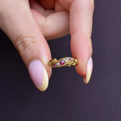 Antique Victorian Ruby Diamond Starburst 18ct Gold Band Ring | Dated 1913