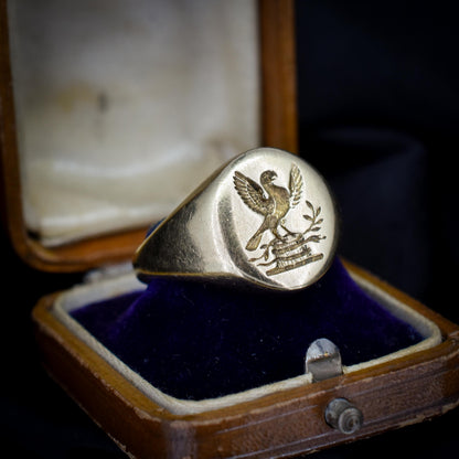 Vintage Heavy Liver Bird 9ct Yellow Gold Seal Signet Ring | 12.5g