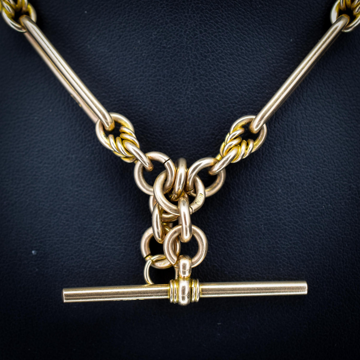 Antique '1925' 9ct Gold Trombone and Love Knot Link Albert Chain Necklace | 16"