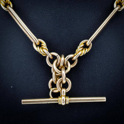Antique '1925' 9ct Gold Trombone and Love Knot Link Albert Chain Necklace | 16"