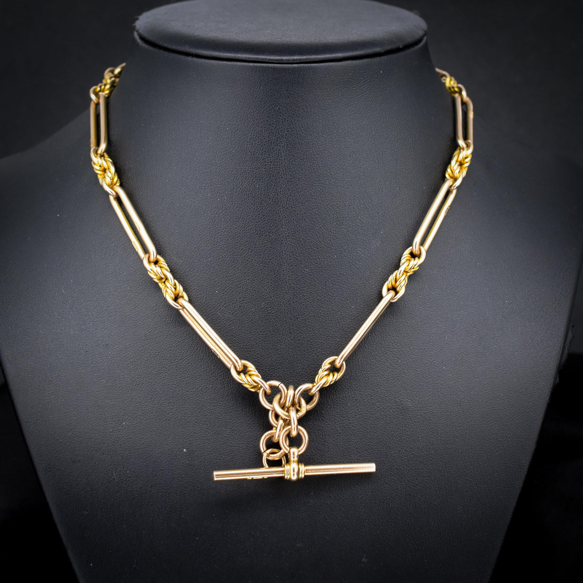 Antique '1925' 9ct Gold Trombone and Love Knot Link Albert Chain Necklace | 16"