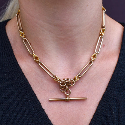 Antique '1925' 9ct Gold Trombone and Love Knot Link Albert Chain Necklace | 16"