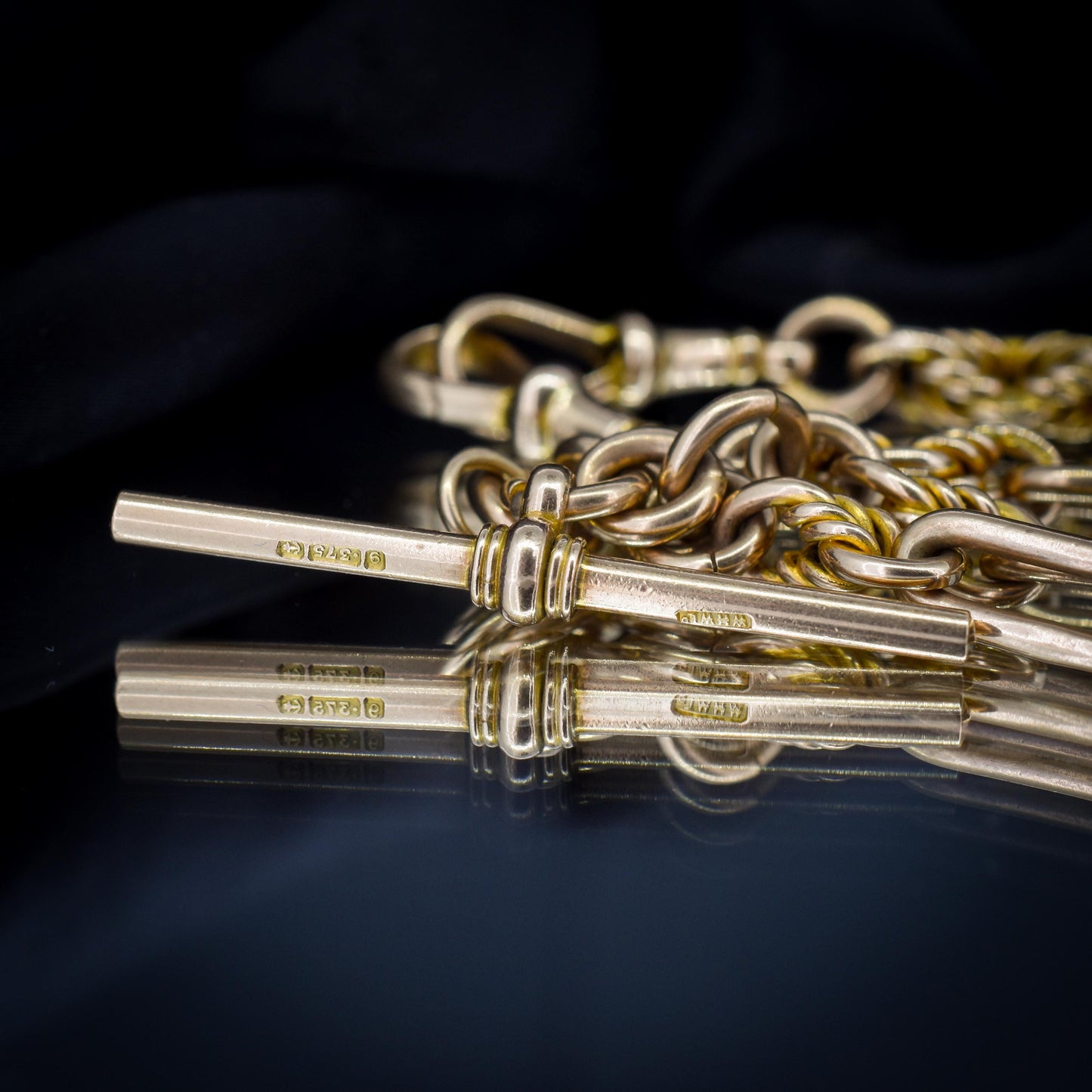 Antique '1925' 9ct Gold Trombone and Love Knot Link Albert Chain Necklace | 16"
