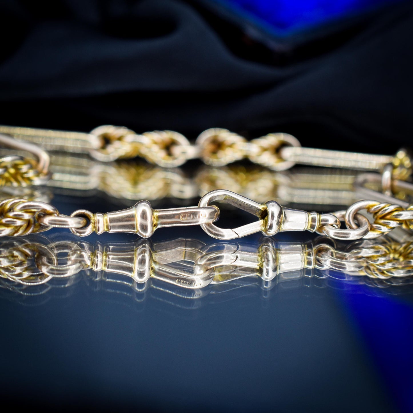 Antique '1925' 9ct Gold Trombone and Love Knot Link Albert Chain Necklace | 16"