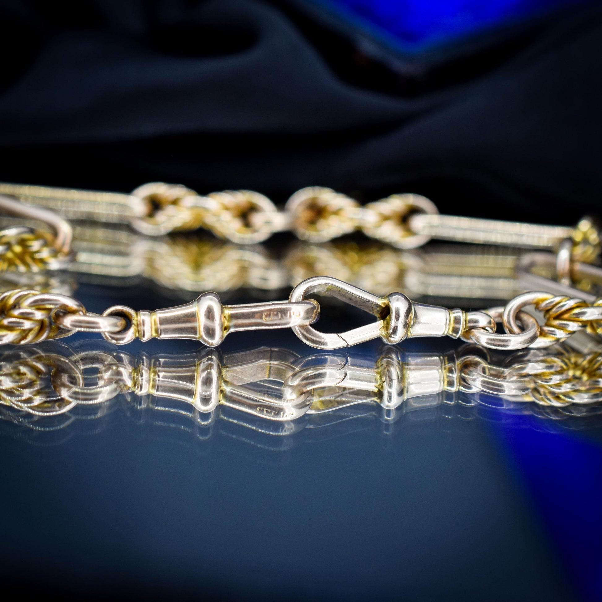 Antique '1925' 9ct Gold Trombone and Love Knot Link Albert Chain Necklace | 16"