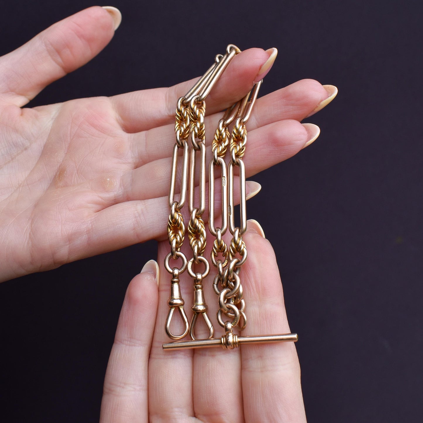 Antique '1925' 9ct Gold Trombone and Love Knot Link Albert Chain Necklace | 16"