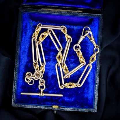 Antique '1925' 9ct Gold Trombone and Love Knot Link Albert Chain Necklace | 16"