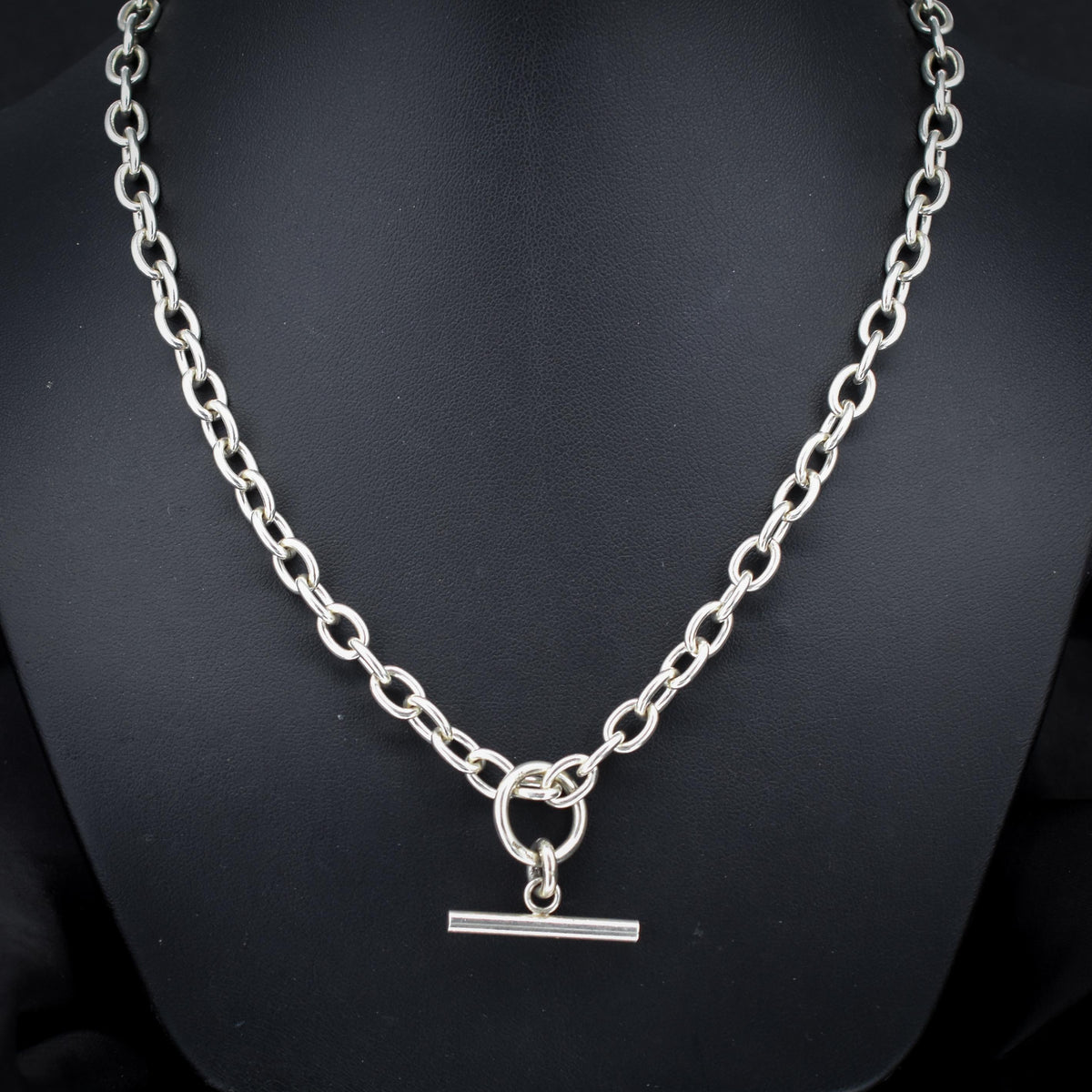 Vintage Sterling Silver Oval Cable Link Watch Chain Necklace with T-Bar and Dog Clips – 18"